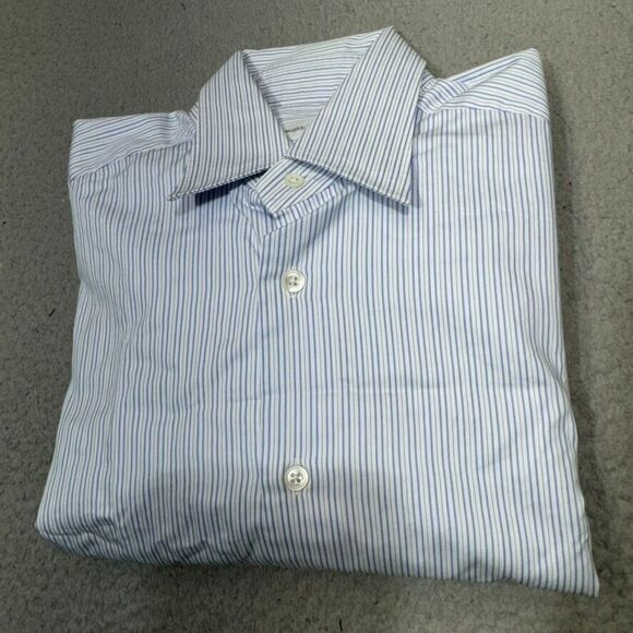 Ermenegildo Zegna Shirt Mens 15 38 Blue Dress Striped Button French Spread Sport - Picture 1 of 14